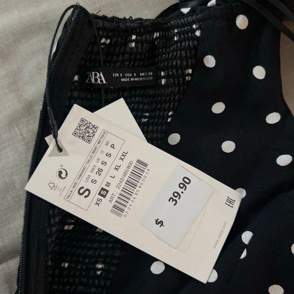 Zara NWT Black White Polka Dot Off Shoulder Tie Back Mini Sundress Size Small - Picture 10 of 12